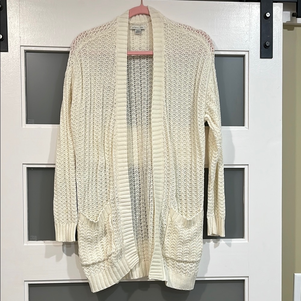 Open-Front Cream Knit Cardigan Sweater pointelle crochet S boho cottage core